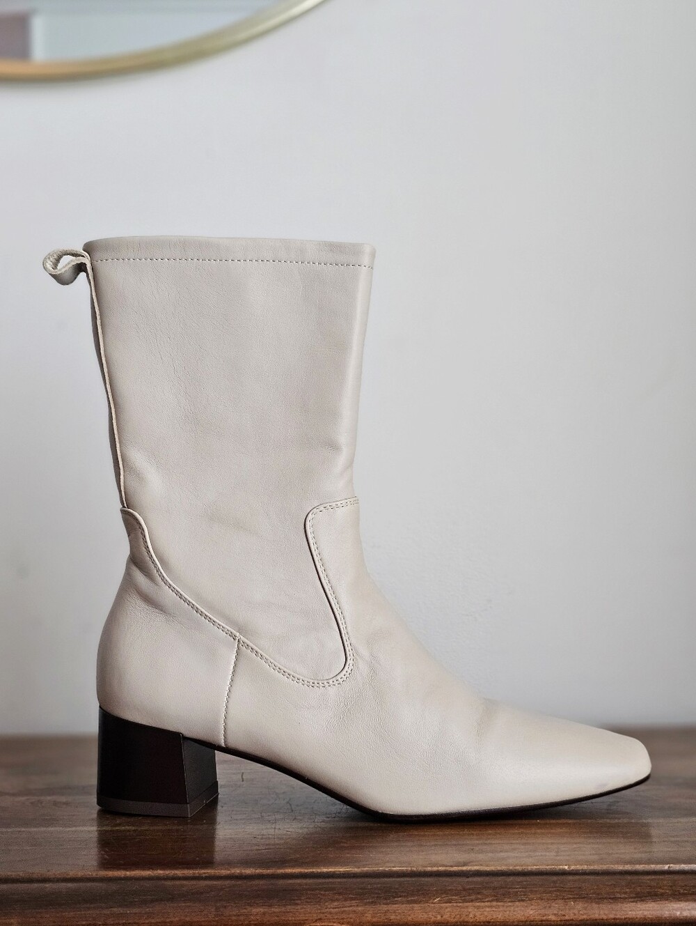 Gino Rossi Ivory Leather Square Toe Mid Calf Boots Block Heel EU 38